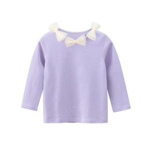 T-shirt per bambine viola chiaro a maniche lunghe in cotone con fiocchi di rete sullo scollo