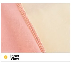 Macro detail of high-quality inner lining stitching on a pink and beige cotton kid's T-shirt