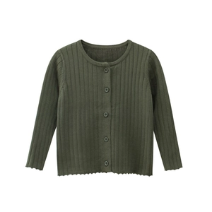 Dark green knitted cardigan for girls with ribbed texture and wavy hem on white background