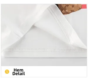 Détail de l'ourlet du t-shirt blanc montrant la double couture précise et le tissu coton