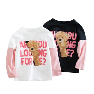 Girls Long Sleeve T-Shirt Fake Two Piece Cotton Top Cute Bear Letter Print Casual Crew Neck Shirt Autumn Spring Clothing