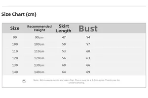 Size chart for girls' printed dress showing height, length, and bust measurements in cm
