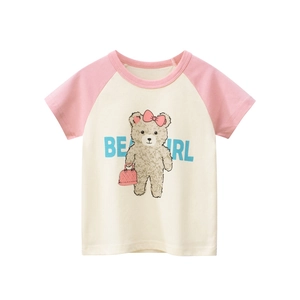 Girls Summer Cotton Raglan Short Sleeve T-Shirt Korean Style Cartoon Bear Pattern Off-White Pink Kids Casual Top Clothes