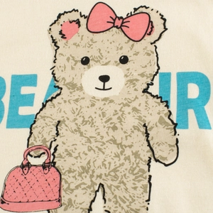 Girls cartoon bear short sleeve t-shirt with blue BEAR text in light beige knit cotton