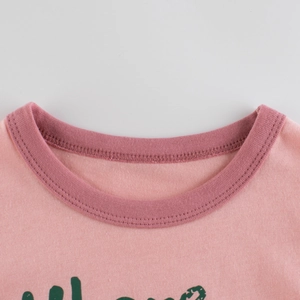 Pink girls' cotton T-shirt with contrast crew neck and cute bear graphic detail