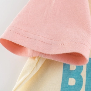 Pink sleeve cuff of a cotton bear t-shirt for girls with double-stitch sewing detail