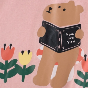 Pink cotton t-shirt for girls featuring a cute cartoon bear reading a book print