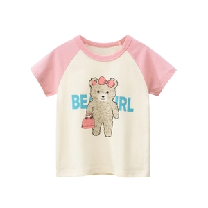 Short sleeve toddler girl t-shirt with cartoon bear print and pink raglan sleeves