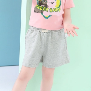 Girl's grey cotton sports shorts with elastic waistband and pink graphic t-shirt outfit