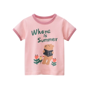 Pink girl's short sleeve T-shirt with cute bear print and tulip floral graphic design