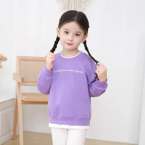 Girls' purple long sleeve sweatshirt with layered faux two-piece hem and slogan print