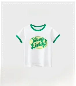 Detail of kids white cotton T-shirt featuring green Easy Living print and contrast collar