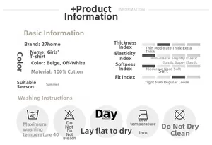 Detail chart of girls' 100% cotton T-shirt showing fabric quality and size parameters