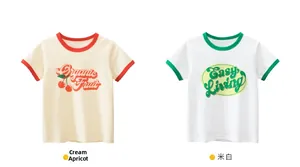 Detail of two kids' cotton t-shirts featuring Organic Fruit and Easy Living vintage prints