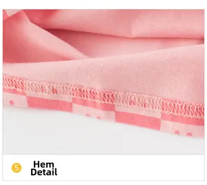 Macro detail of kids pink cotton t-shirt hemline with checkered pattern and stitching