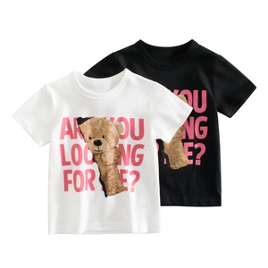 T-Shirt en Coton Style Coréen pour Filles Respirant Manches Courtes Été Haut Mignon Ours Dessin Animé Lettre Imprimé Col Rond Enfant