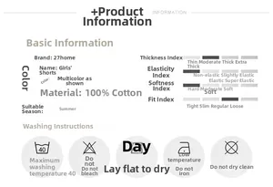 Detailed sizing chart and material info for 27home girls 100% cotton summer shorts