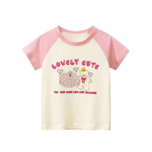 T-shirt raglan en coton pour filles avec imprimé ours et gâteau en rose et beige