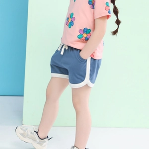 Pink sunflower T-shirt and navy blue cotton shorts set for toddler girls summer wear