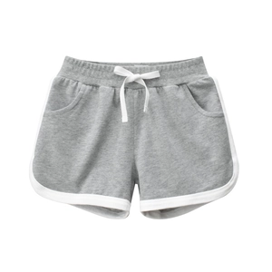 Gray cotton knit shorts for girls featuring white drawstring waist and contrast piping trim