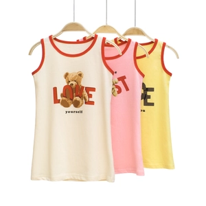 Robe d'Été Sans Manches pour Filles 100% Coton Ours Dessin Animé Imprimé Bordure Contrastée Robe en A pour Enfants Vêtements Décontractés