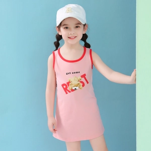 Robe sans manches rose en coton pour filles avec imprimé ours et casquette