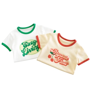Kids Girls T-Shirt Short Sleeve Cotton Ringer Tee Cartoon Fruit Letter Print Casual Summer Clothing Top
