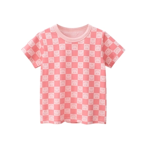 Girls 100 Percent Cotton T-Shirt Pink Checkerboard Smiley Face Print Short Sleeve Crew Neck Summer Casual Top
