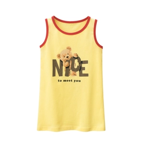 Robe d'été jaune sans manches pour fille en coton avec imprimé ours et bord rouge