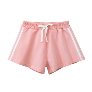 Pantaloncini sportivi rosa da bambina con strisce bianche laterali e coulisse in vita