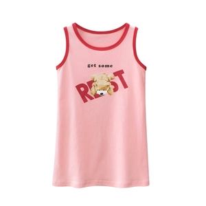 Robe sans manches rose pour filles en coton avec motif ours mignon et bordure rouge