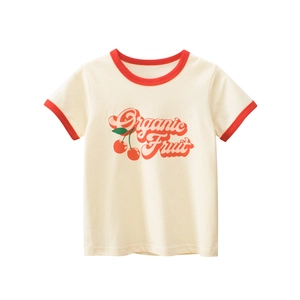 Kids organic cotton t-shirt with cherry print and red contrast collar in cream white