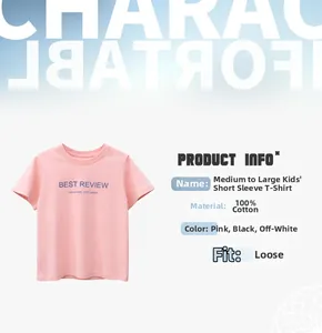 Détail du t-shirt enfant en coton rose avec imprimé bleu BEST REVIEW et coupe ample