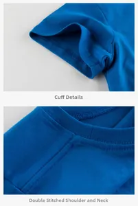 Dettaglio della doppia cucitura a catenella su spalla e collo di una t-shirt blu bimbi