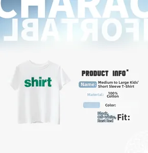 Detail view of 100% cotton kids white T-shirt with green shirt text in loose fit design