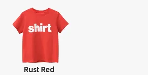 Detail of a rust red cotton kids t-shirt featuring bold white shirt letter printing