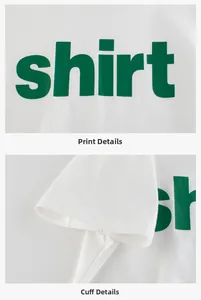 Detail of green 'shirt' print and sleeve cuff stitching on white cotton kids T-shirt