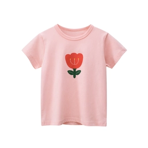 Rosa Mädchen T-Shirt aus Baumwolle mit rotem Blumen-Cartoon-Print und Rundhalsausschnitt
