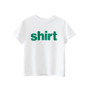 Minimalist white kids' cotton t-shirt with bold green 'shirt' print on front
