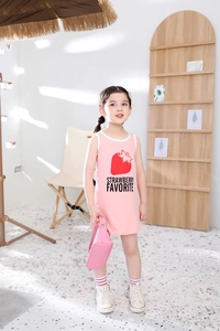 Detail of pink cotton sleeveless dress featuring red strawberry prints for girls