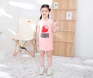 Detail of pink strawberry print dress for girls with sleeveless round neck design
