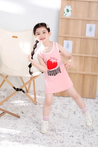 Pink sleeveless dress for girls with red strawberry print and text on the chest