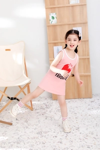 Pink cotton sleeveless dress for girls with red strawberry print and contrast binding