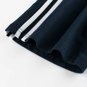 Kids navy cotton shorts with iconic triple white side stripes in a classic summer style
