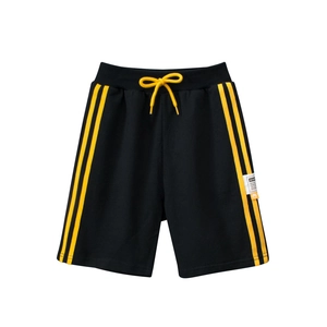 Kids black sports shorts with yellow stripes and drawstring for summer casual wear