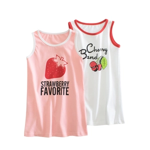 Girls 100% Cotton Sleeveless Tank Dress Cartoon Strawberry Cherry Print Contrast Binding Summer Casual Sundress For Kids