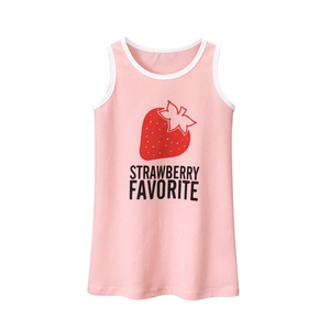 Pink sleeveless summer dress for girls with strawberry print and white trim detail