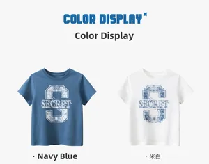 Detailed view of kids' short sleeve T-shirts in military blue and off-white colors