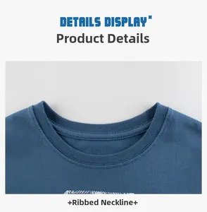 Close-up of durable ribbed neckline on dark blue cotton T-shirt for boys with neat stitching