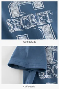 Detailed macro view of retro secret print and double-stitched cuff on blue cotton T-shirt
